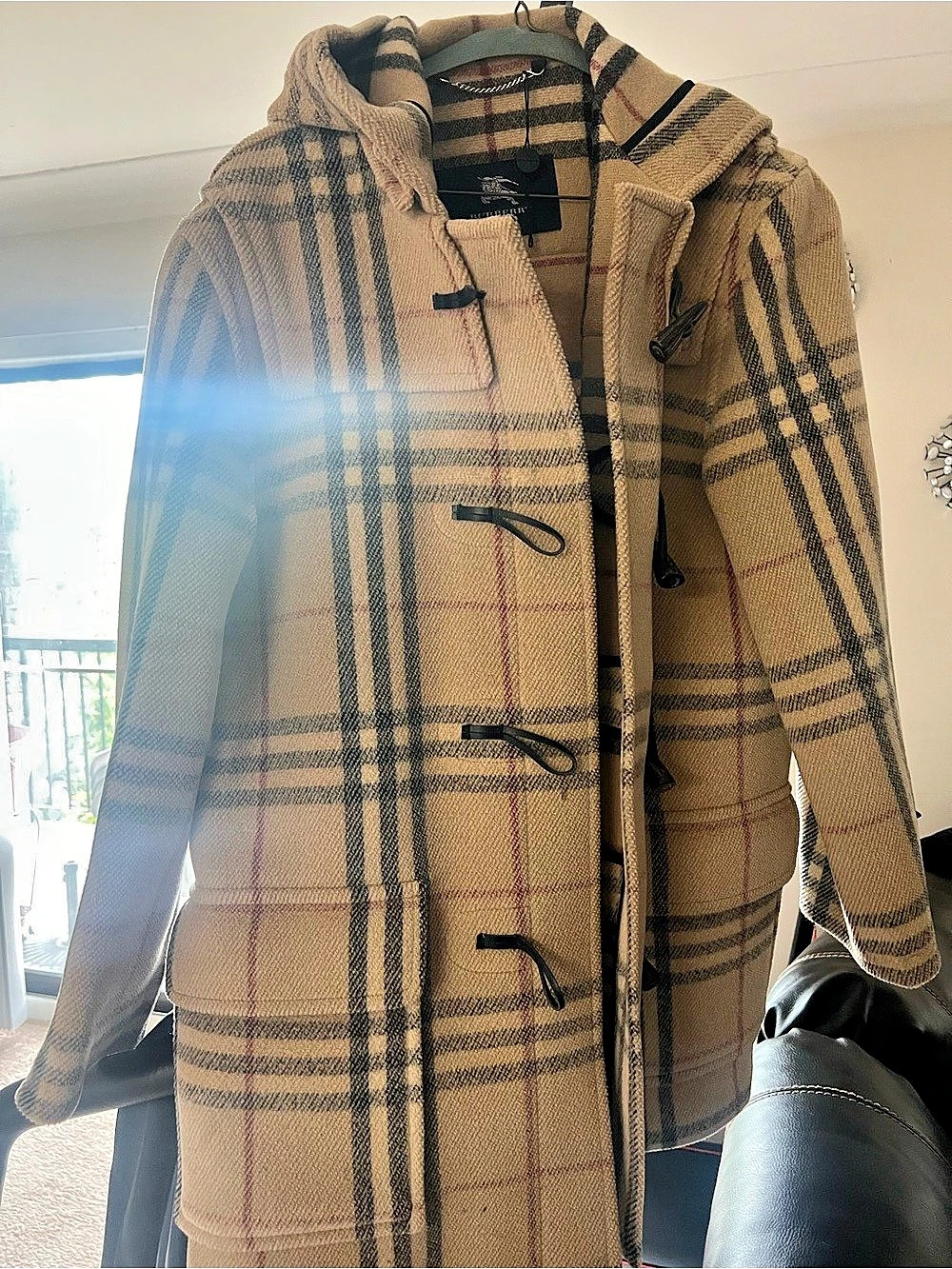 Burberry Speciality Duffle Coating Check Hooded Coat Plaid Toggle Coat in Beige